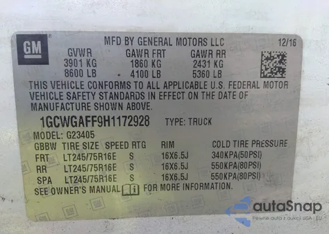 2017 Chevrolet Express G2500 из США, поврежденный, VIN 1GCWGAFF9H1172928